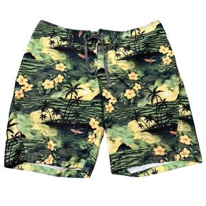 Old Navy Mens XL Tropical‎ Island Print Board Shorts Green Yellow Swim Trunks